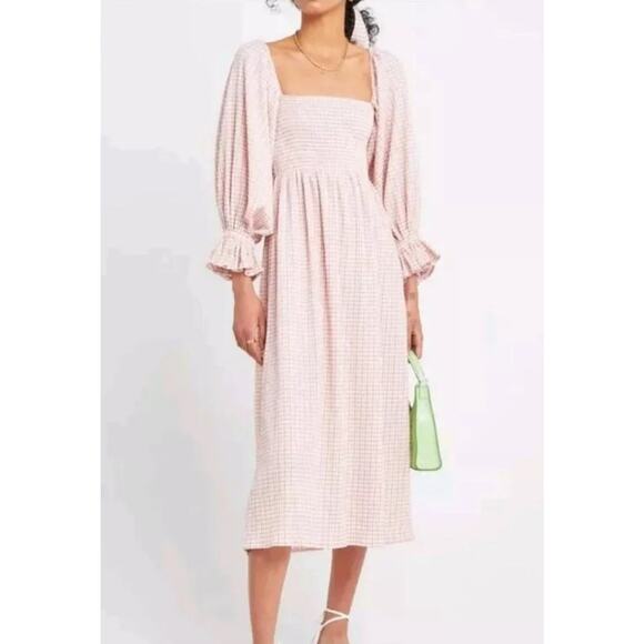 o.p.t One Pretty Time Athena Dress S Pink Plaid Smocked Puff Sleeve Cottagecore - Picture 1 of 10